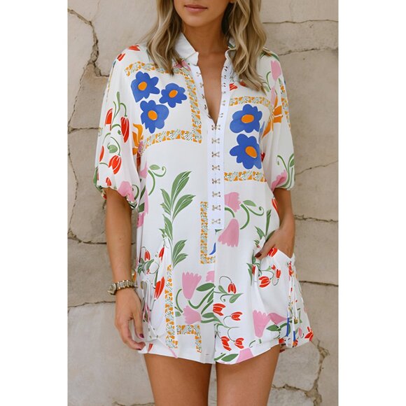 Pocketed Printed Half Sleeve Romper - Picture 10 of 11